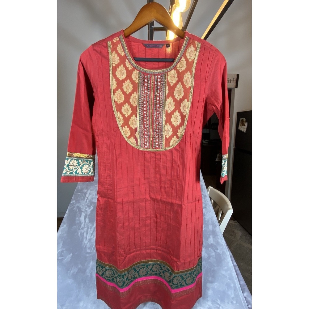 Rangmanch Kurta Tunic Top Dress Small Burgundy Embellished Split Hem Indian Boho